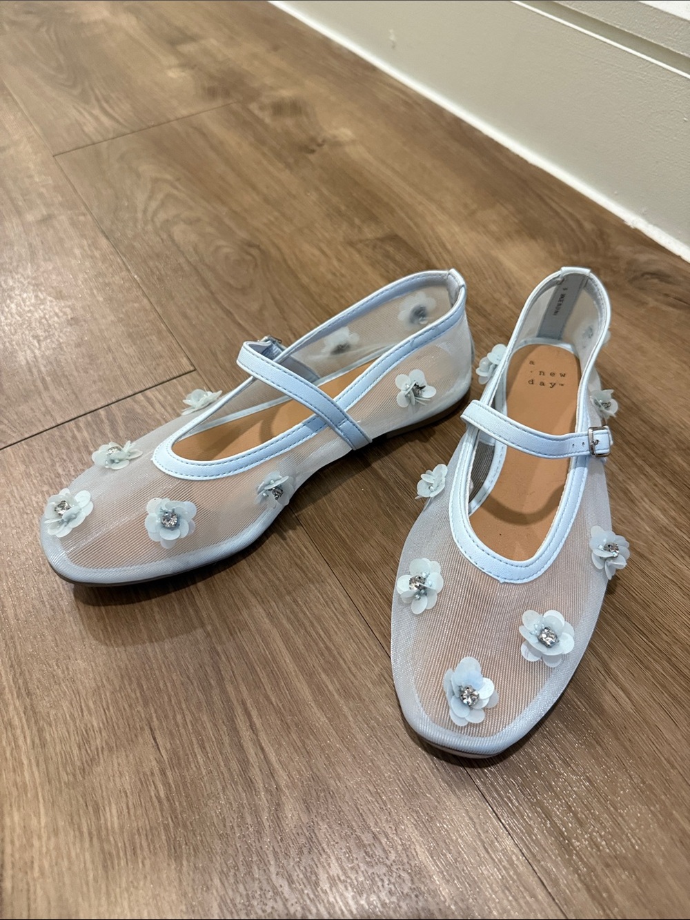 a new day Pale Blue Mesh Mary Jane Flats with 3D Flower Appliqués